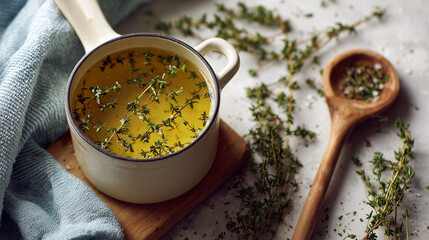 Kitchen Pot with Thyme Syrup and Fresh Thyme Sprigs on Countertop traditional medicine