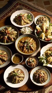 High Angle Display of Rajasthani Dal Bati Churma and Gatte ki Sabzi Featuring Lentils Chickpea Flour Curry Salad and Spices on a Wooden Table with Patterned Rug Creating a Warm Authentic Culinary