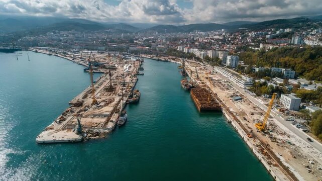 Coastal Industrial Marvel: A high-angle, drone-captured view showcasing an industrial harbor, bustling with construction, cradled by tranquil waters and under a vast, textured sky.