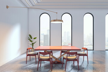 Modern boardroom interior with red desk and chairs in bright office overlooking city through arched windows, elegant and professional workspace. 3D Rendering