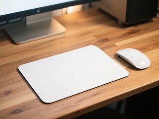 A blank mouse pad mockup placed on a wooden desk next to a white wireless computer mouse and a monitor, a clean workspace setup.