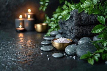 Tranquil spa setting with candles, towels, and natural stones for relaxation