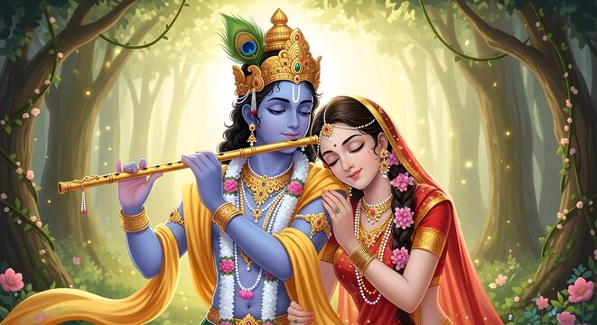 Radha Krishna Divine Love in Enchanted Forest Illustration