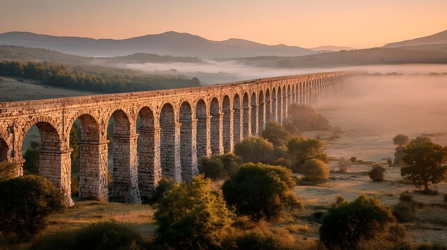 Ancient stone aqueduct stretching across a misty landscape at sunrise, showcasing impressive architecture and serene beauty. .