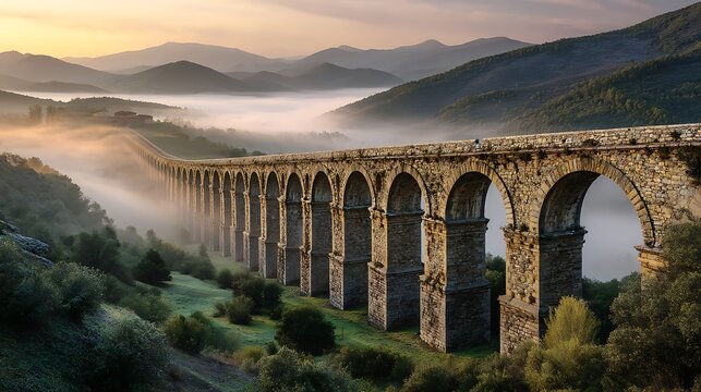 Ancient stone aqueduct stretching across a misty landscape at sunrise, showcasing impressive architecture and serene beauty. .
