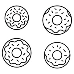 Four outline icons of donuts with simple frosting and sprinkles doughnut pastry
