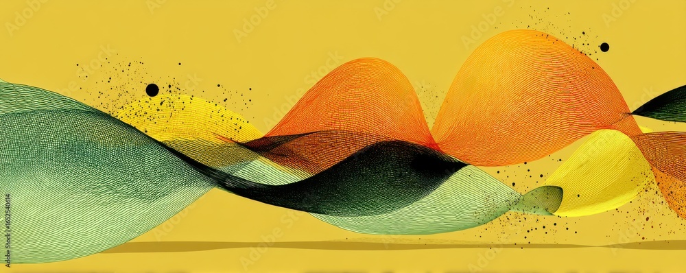 Poster dynamic abstract illustration with colorful curved lines on yellow background