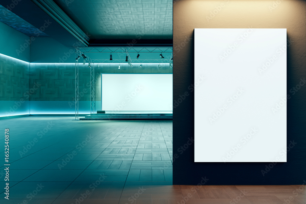 Poster modern exhibition hall with blank vertical canvas on wall and illuminated stage screen in stylish em