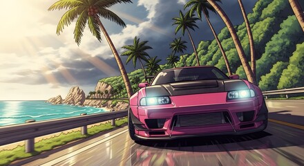 Retro Anime Style Pink Sports Car on Coastal Road with Palm Trees