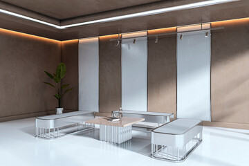Modern office waiting area with sleek benches, central table, and minimalist decor in a brightly lit corner space with ambient ceiling lighting. 3D Rendering