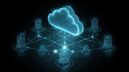 Futuristic digital cloud network connecting servers in a futuristic data center.