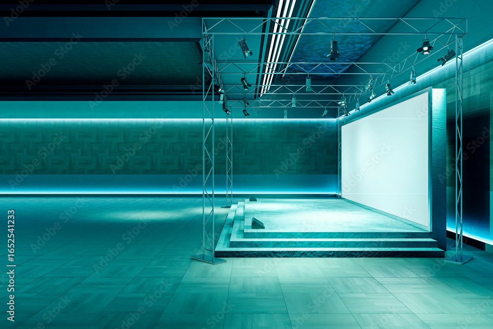 Poster modern exhibition stage with blank screen and lighting setup in teal interior for business event or 