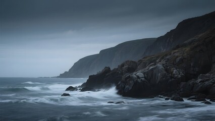 Stormy Coastline with Jagged Cliffs and Rough Seas