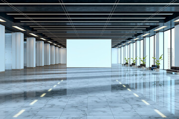 Modern corporate lobby interior with blank wall for signage in spacious building hallway with...