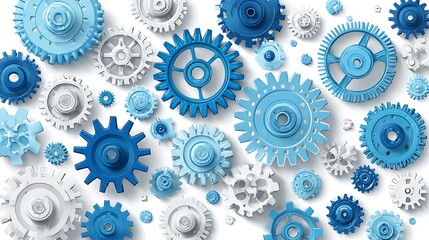 Assorted blue and white gears interlocking on light background .