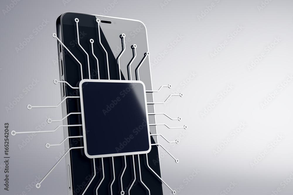 Poster smartphone with central microchip and circuit lines emerging outward on gradient background represen