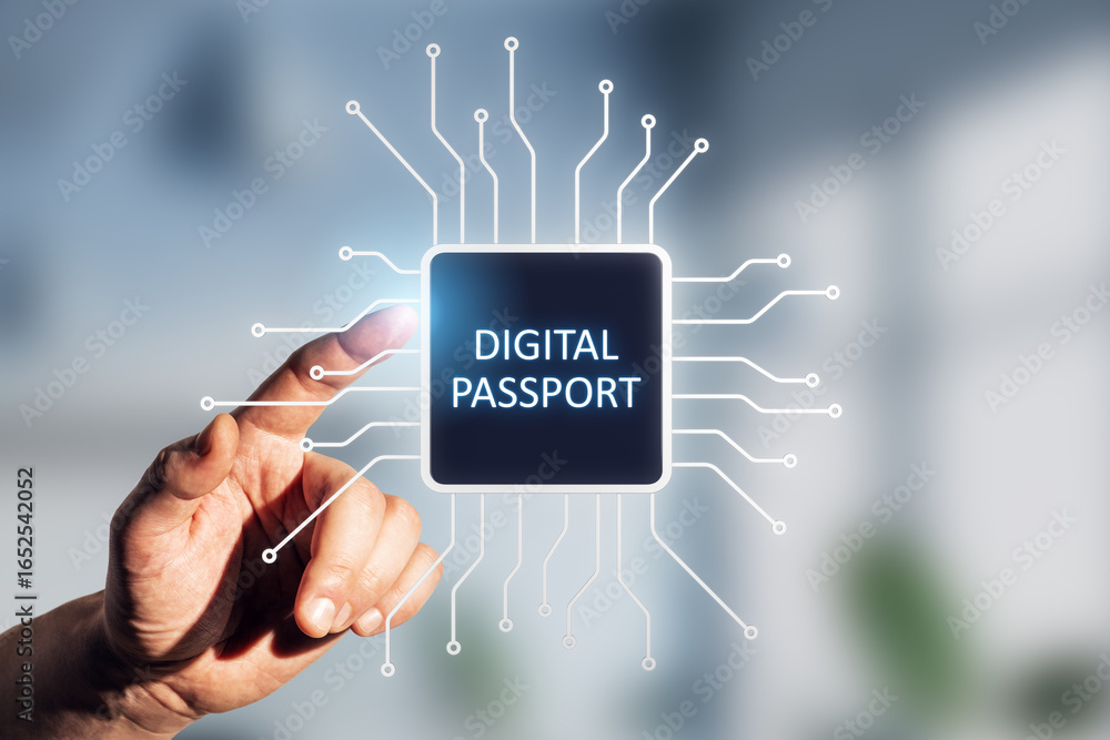 Poster human finger touching futuristic digital passport icon with circuit lines and glowing light on a tec