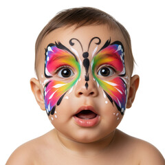 A baby's face is painted with a colorful butterfly design, expressing joy and wonder.