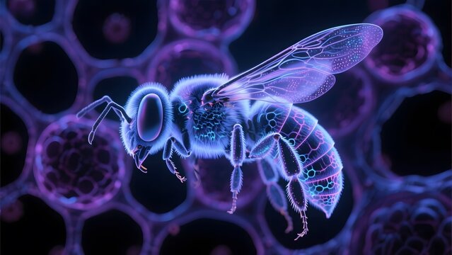 Glowing Bee Amidst Hexagonal Patterns