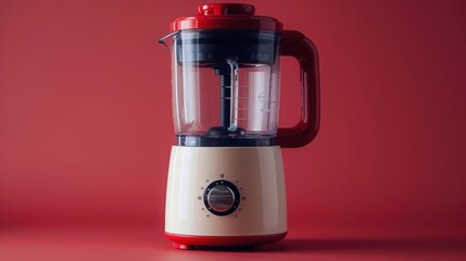 A blender with a red lid on a red background in studio light