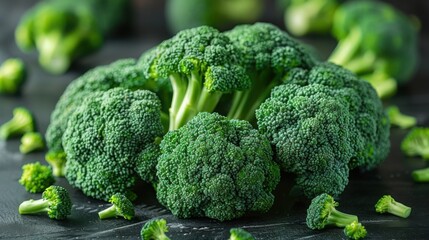 A close up of fresh broccoli on a dark textured surface