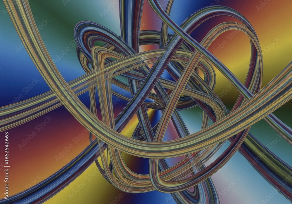 Poster intertwined metallic curves on a gradient background, a dynamic interplay