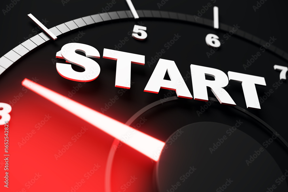 Poster close-up of a modern speedometer-style gauge with the word start highlighted in white letters and re