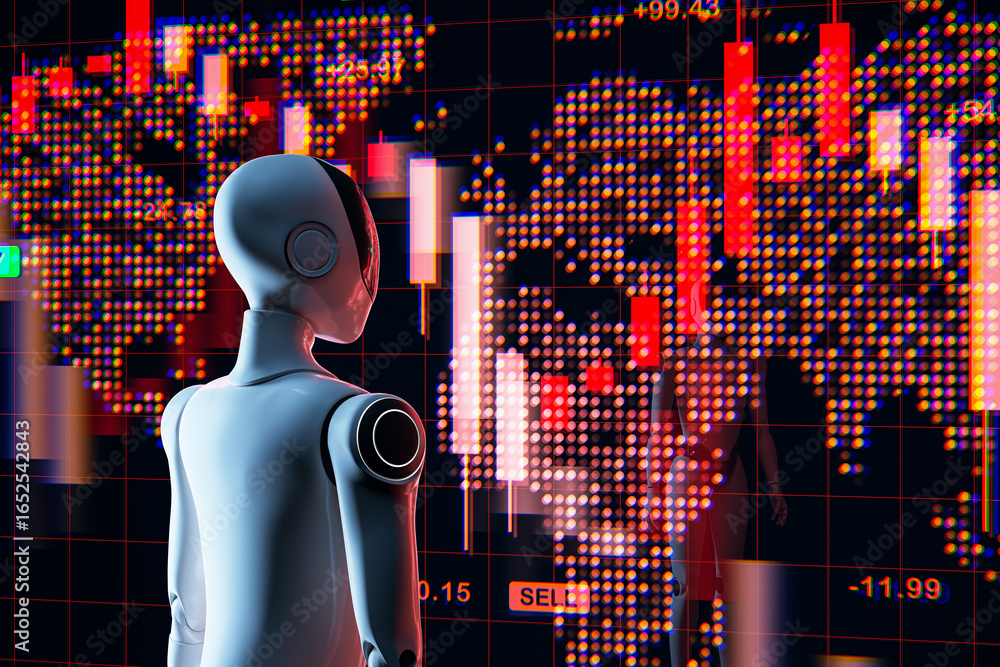 Poster futuristic robot analyzing digital financial charts with global market data on a glowing virtual dis