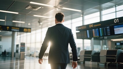 A man in a suit walks through a modern airport terminal towards the departure gates.