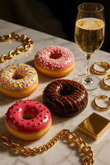 Luxus Donuts mit Goldschmuck und Champagner