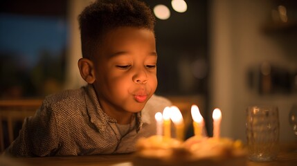 Young boy blowing out candles on birthday cake at night  