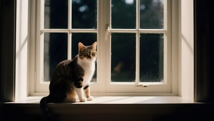 A tabby cat sitting on a windowsill, bathed in natural light from the window.