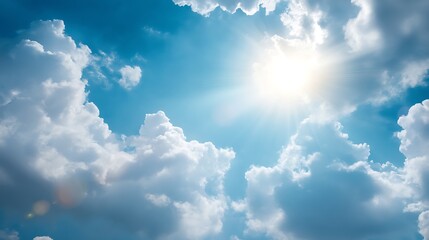 Bright sunlight shines through fluffy clouds, creating soft focus effect with subtle sun flares. serene blue sky evokes sense of peace and tranquility .