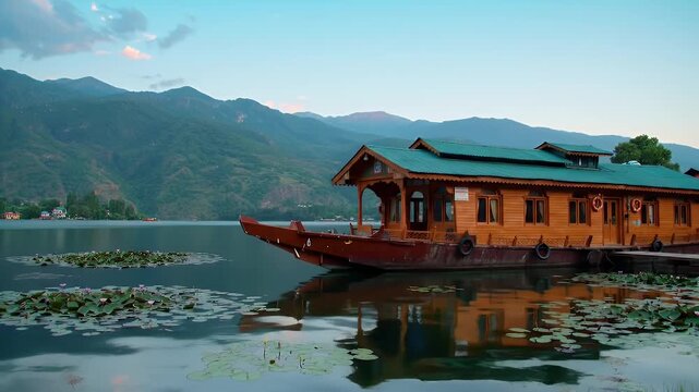 Wooden Houseboat on Serene Lake with Lily Pads and Mountains at Sunset under Natural Lighting