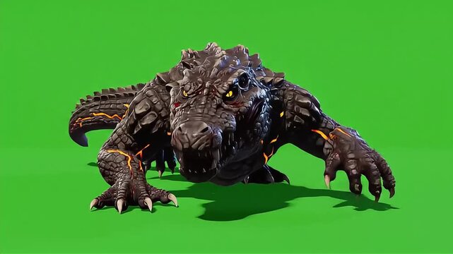 Dynamic 3D Rendered Lava Monster Reptile Creature with Fiery Scales, Sharp Claws, and Glowing Eyes on Green Screen