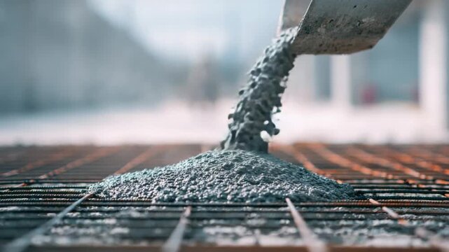 Pouring Concrete: Witness the raw power and precision of construction as wet concrete cascades onto a meticulously laid grid of rebar. A study in textures, shadows, and the promise of transformation.