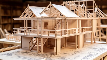 A detailed architectural drawing serves as the base for a delicate wooden house model showing its frame, with more plans visible in the periphery.