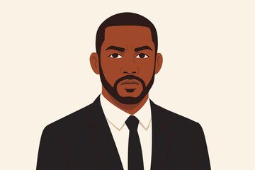 Black businessman vector portrait. Serious African American man in suit. Confident entrepreneur face. Corporate professional character avatar for business profile.