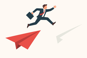 Businessman jumping from red to white paper airplane. Business concept of leap of faith, risk, change, new career, opportunity, ambition, courage and success vector.