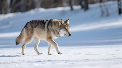 A gray wolf strides confidently across a snowy landscape in a forested area.