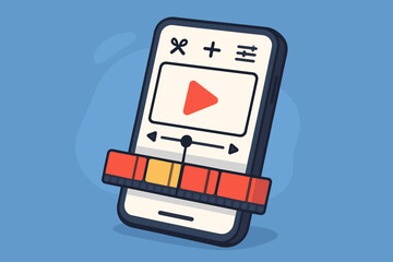 Mobile video editing app on smartphone screen. Content creation and post production concept. Vlogger or influencer making montage with editor interface, timeline and play button.