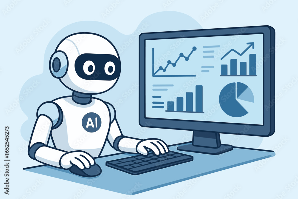 Aufkleber artificial intelligence robot analyzes financial data on computer. ai worker with charts and graphs.