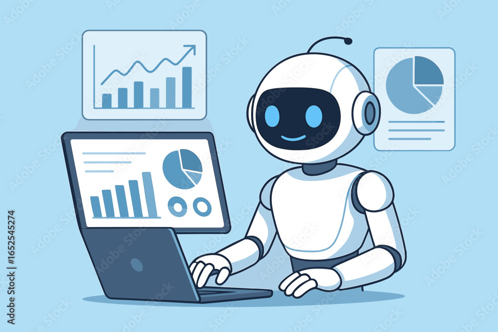 Leinwandbilder ai robot worker analyzing financial data on laptop. artificial intelligence bot with charts and grap
