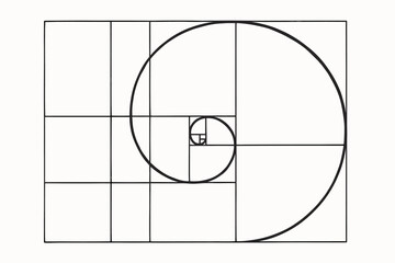 Golden ratio spiral in Fibonacci grid. Vector illustration of divine proportion sequence. Sacred geometry symbol for harmony, balance, and design. Mathematical pattern icon.