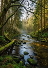 Obraz premium Serene mountain river landscape flowing through a lush forest setting