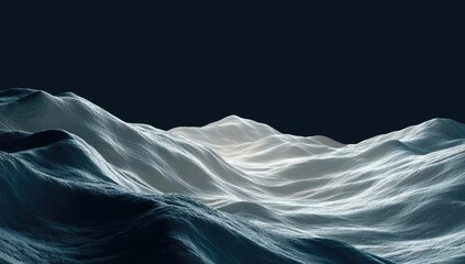 Serene, undulating landscape of muted blues and whites under a dark sky, creating a sense of calm and mystery