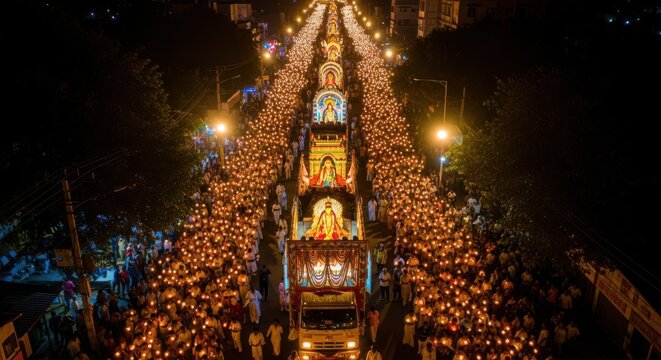 Illuminated Procession at Night with Crowd Holding Candles