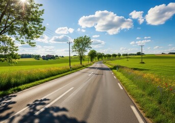 Fototapeta premium Picturesque countryside road on a summer day with idyllic scenery around it