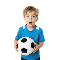 Young boy with wide eyes is surprised while holding a soccer ball.