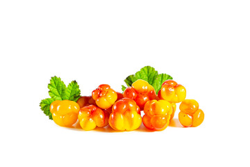 Ripe fresh cloudberries with leaves isolated on white.
